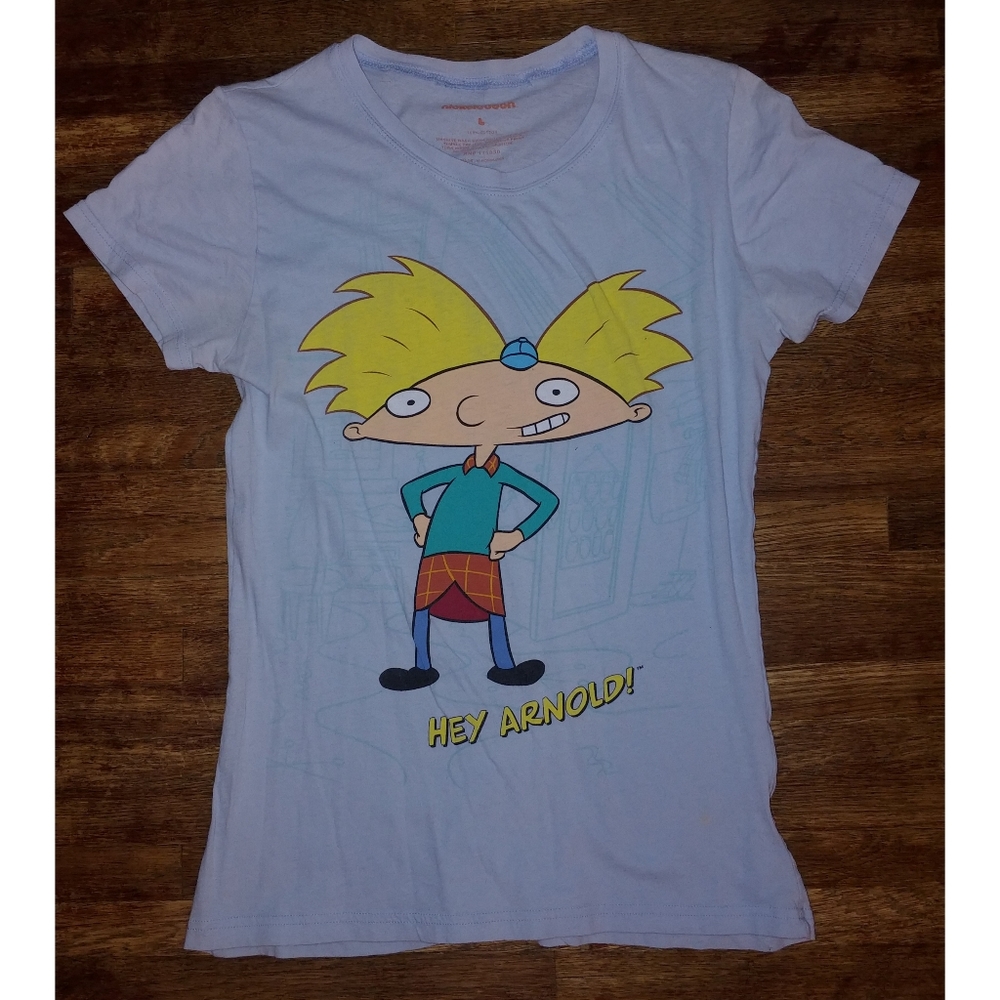 NICKELODEON Y2K Hey Arnold light blue Cartoon Graphic tee shirt